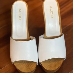 White leather studded wedge sandals